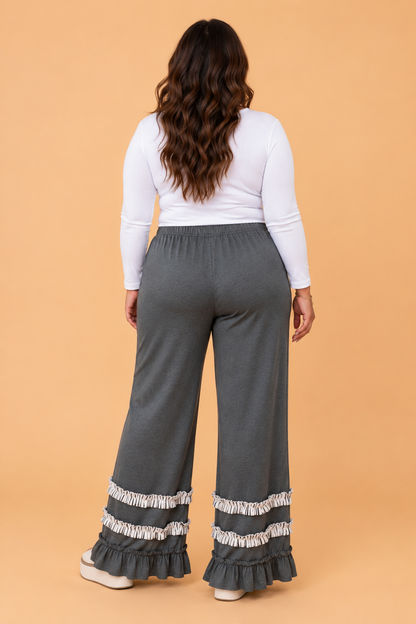 PRETTY BASH Plus Size Ruffle Trim Wide Leg Pants