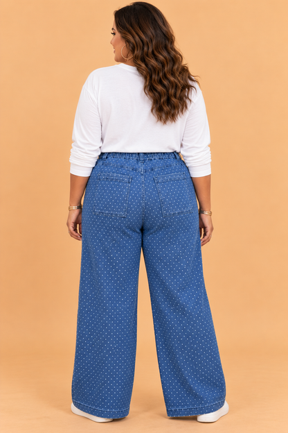 Plus Size Polka Dot Drawstring Wide Leg Jeans
