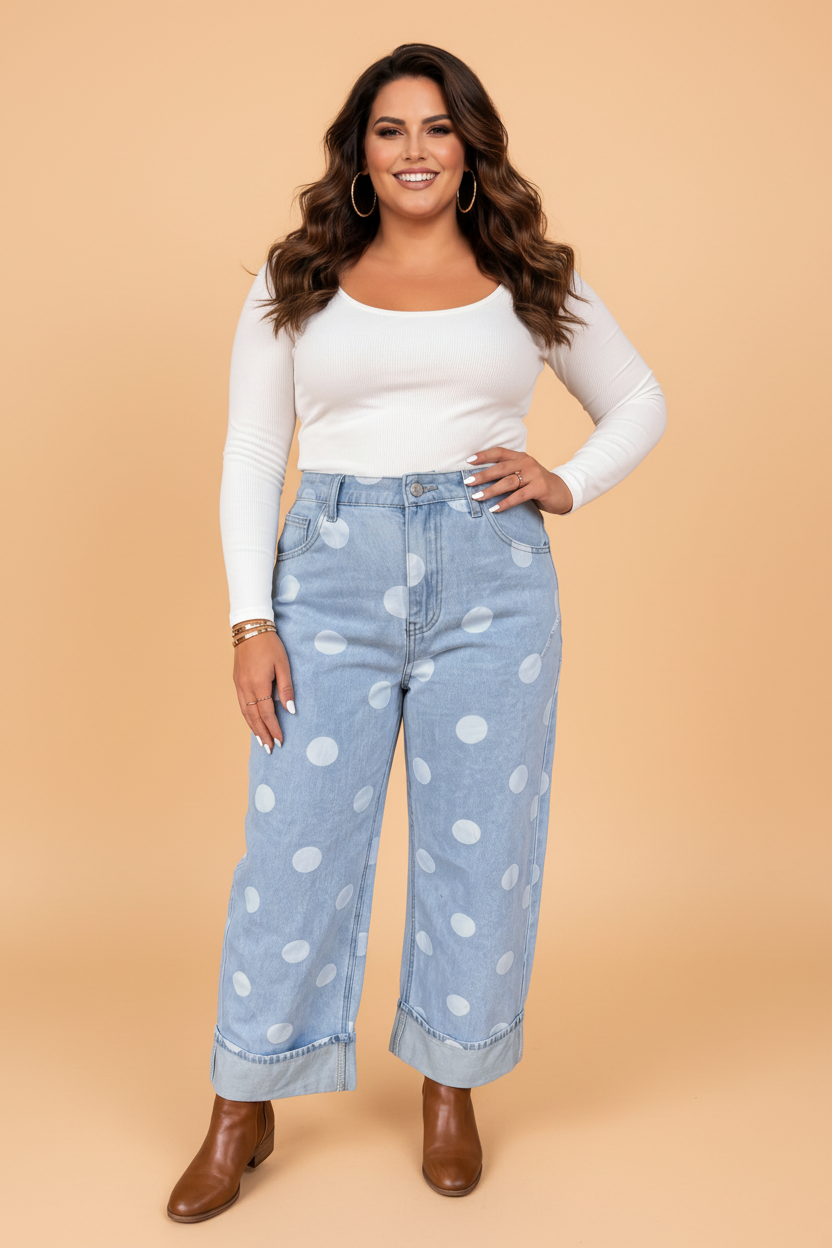 Plus Size Polka Dot Denim Barrel Leg Jeans