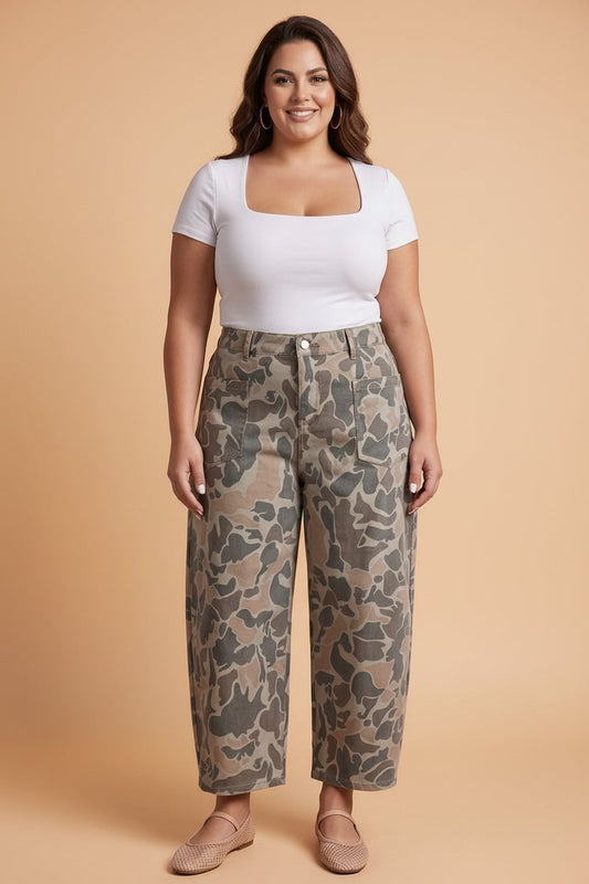 Plus Size Camo Denim High Waist Barrel Jeans