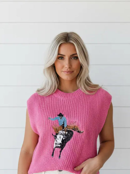 Western Cowboy Embroidered Round Neck Sleeveless Sweater