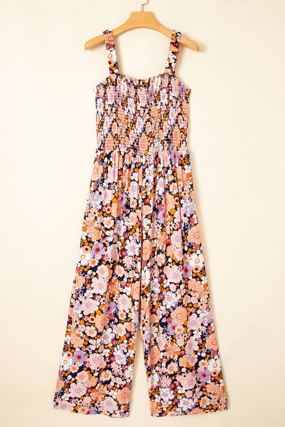 Floral Smocked High Waist Square Neck Jumpsuit