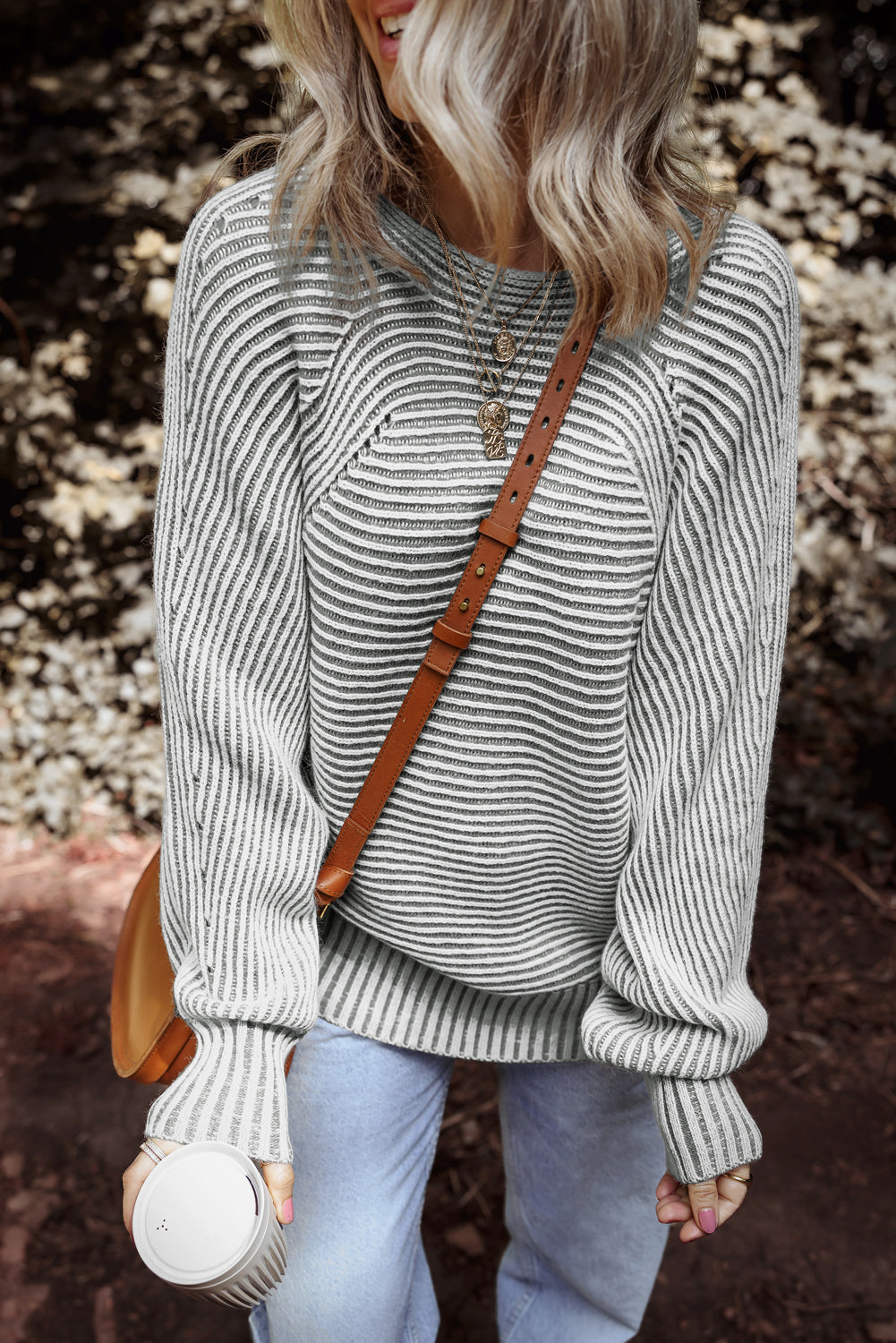 Stripe Ribbed Knit Boat Neck Sweater