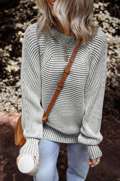 Stripe Ribbed Knit Boat Neck Sweater