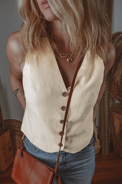 Solid Sleeveless Buttoned V-Neck Top