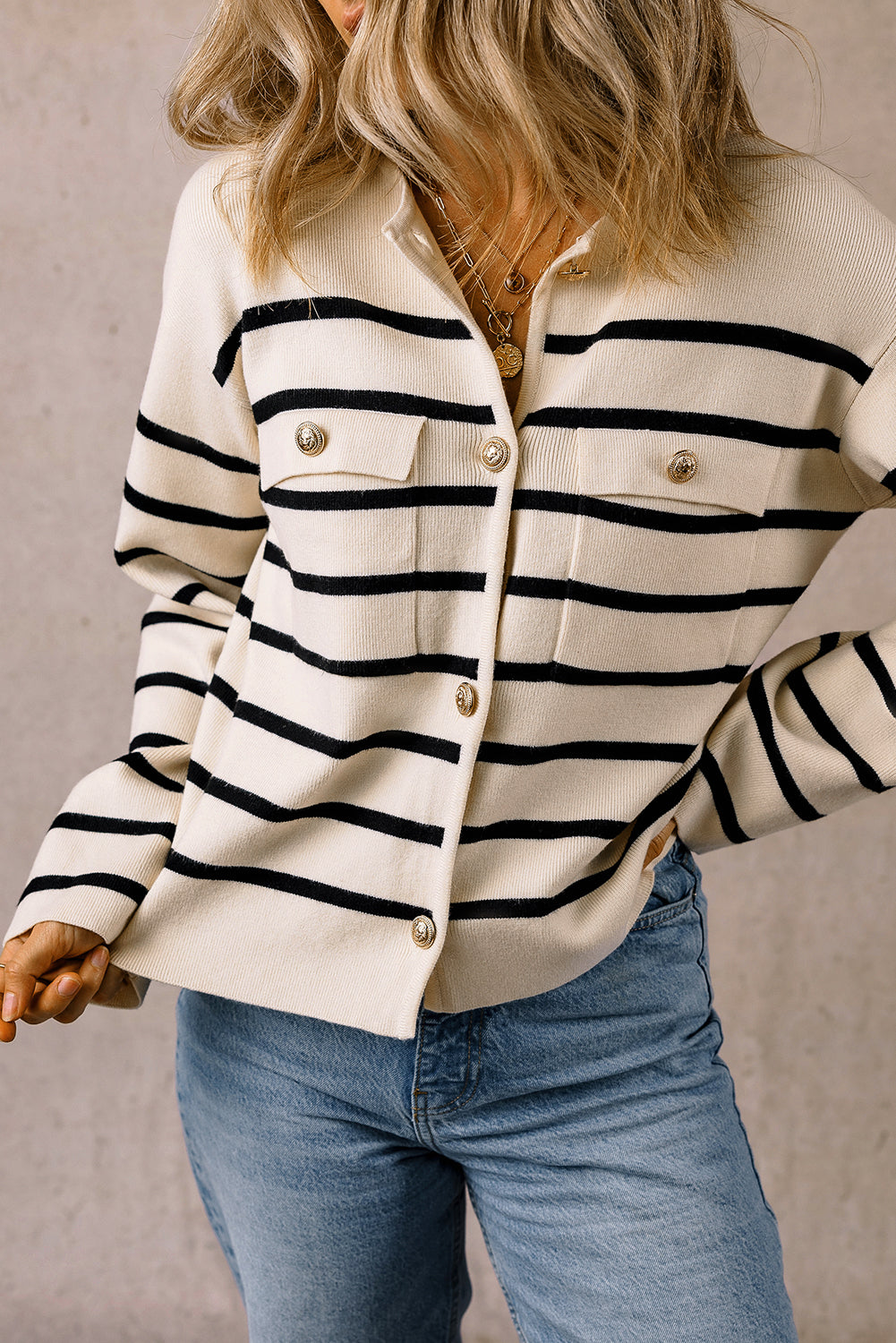 Stripe Flap Pocket Cardigan Sweater