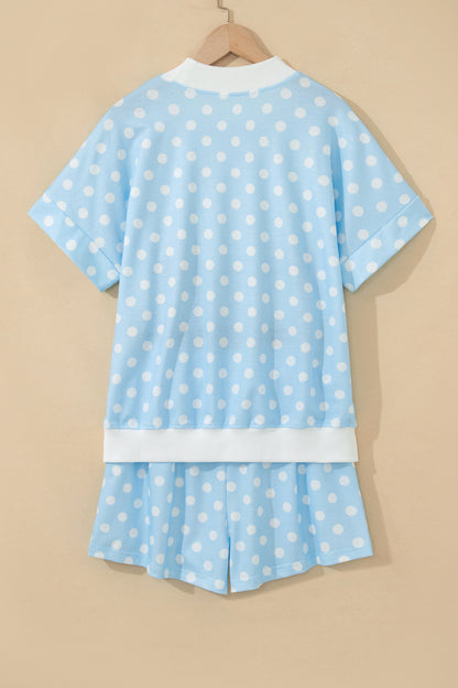 Polka Dot Colorblock Mock Neck & Shorts Set