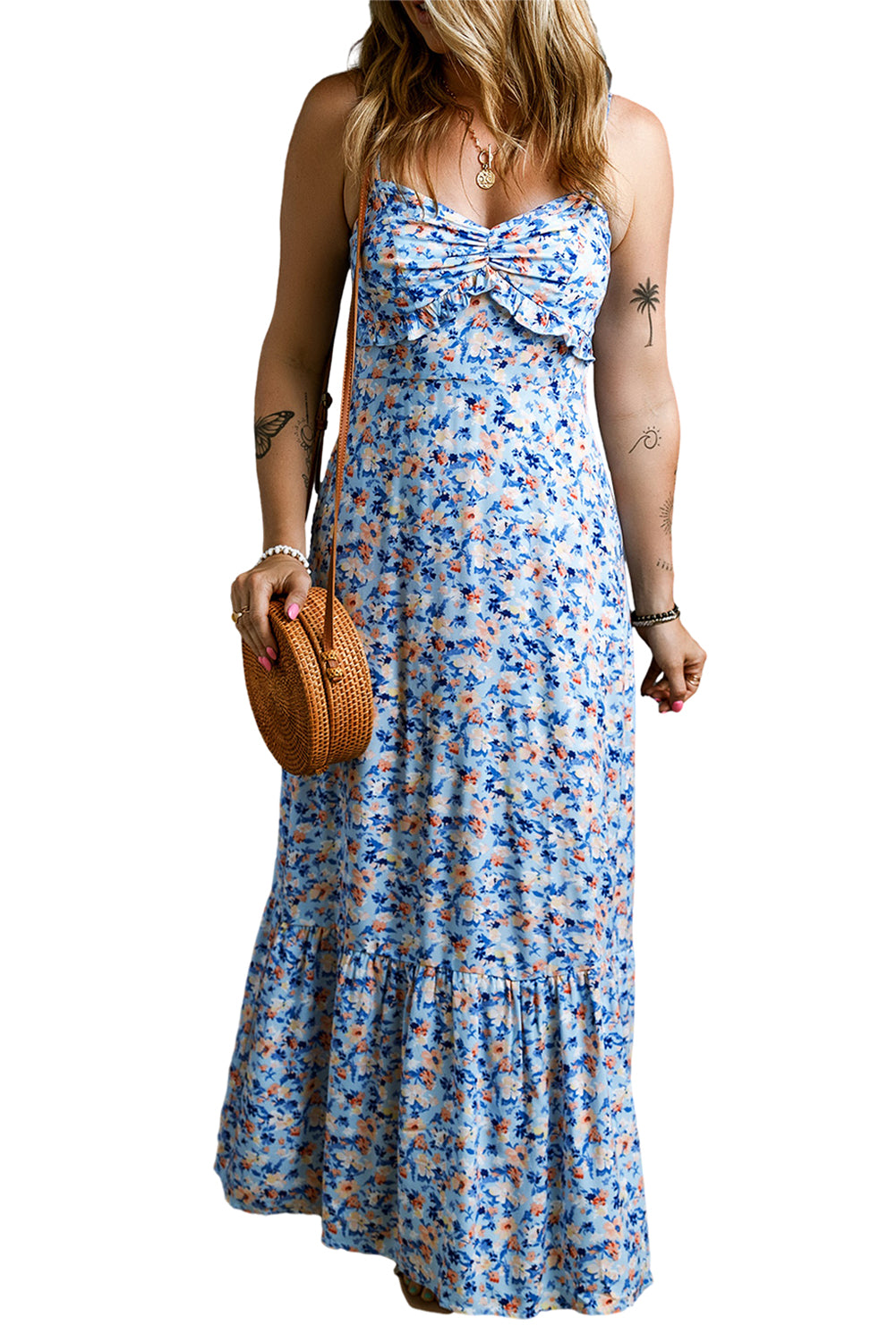 Floral Ruffle Ruched Maxi Dress