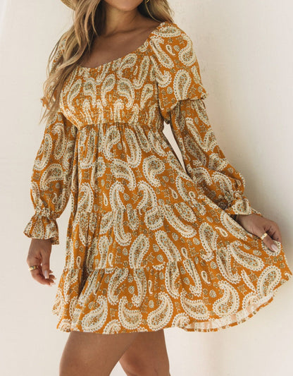 Paisley Long Sleeve Tiered Dress