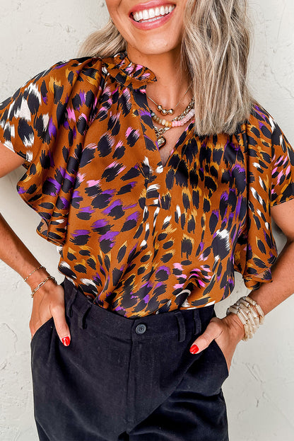 Leopard Short Sleeve V-Neck Blouse