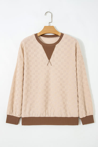 Checker Corded Knit Contrast Trim Long Sleeve Top