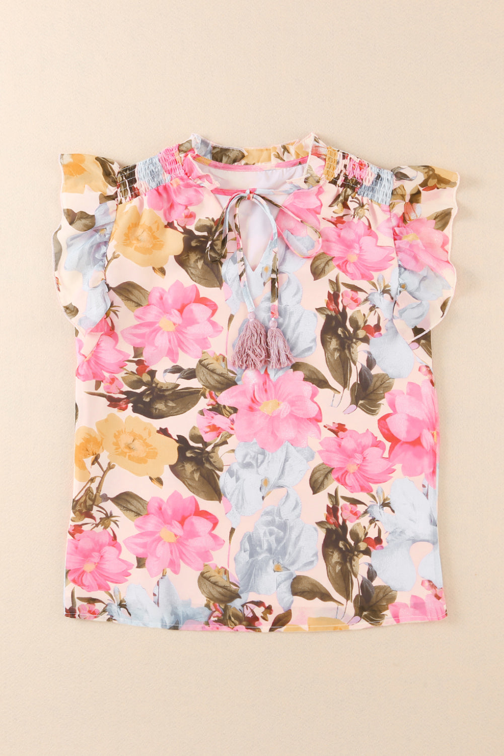 Floral Tassel Tie Short Sleeve Blouse