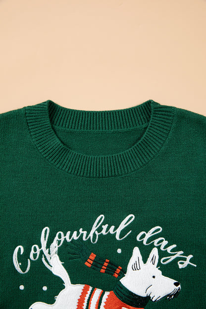 Christmas Dog Embroidered Round Neck Sweater