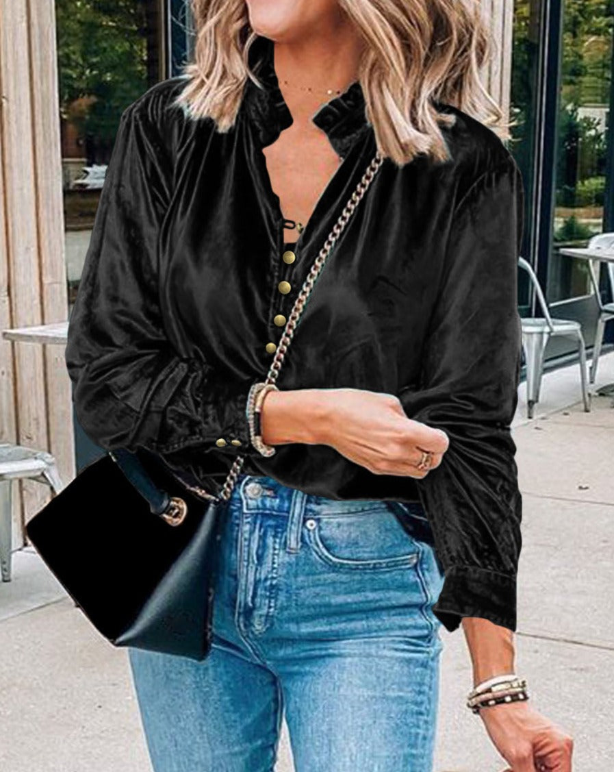 Velvet Frilled Neck Buttoned Top