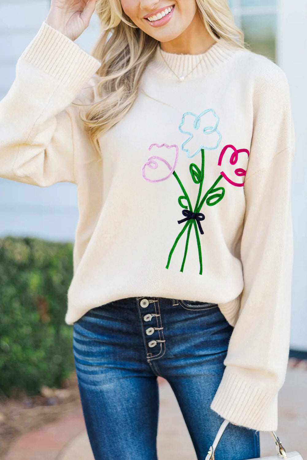 Embroidered Flower Ribbed Loose Sweater