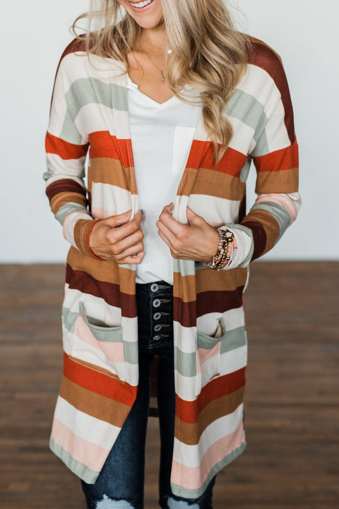 Stripe Pocketed Open Front Cardigan