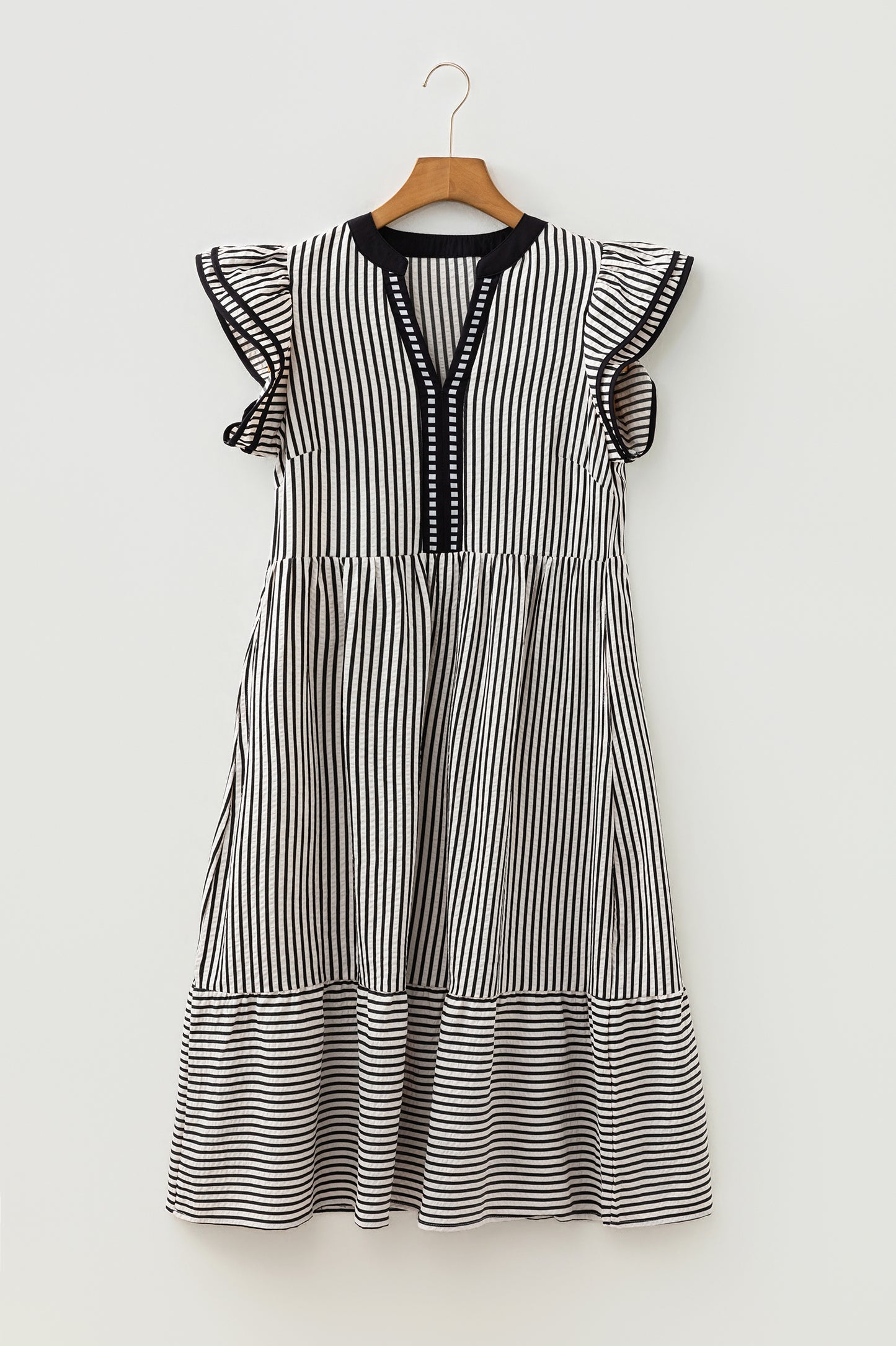 Stripe Ruffle Short Sleeve V-Neck Midi Dress