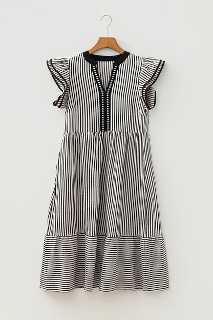 Stripe Ruffle Short Sleeve V-Neck Midi Dress