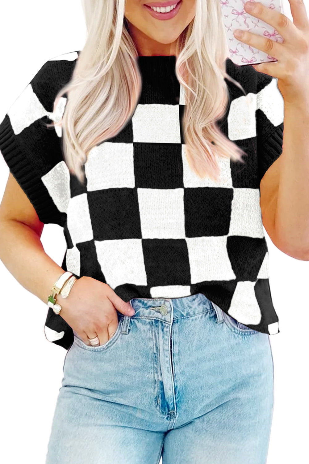 Colorblock Checker Ribbed Trim Top