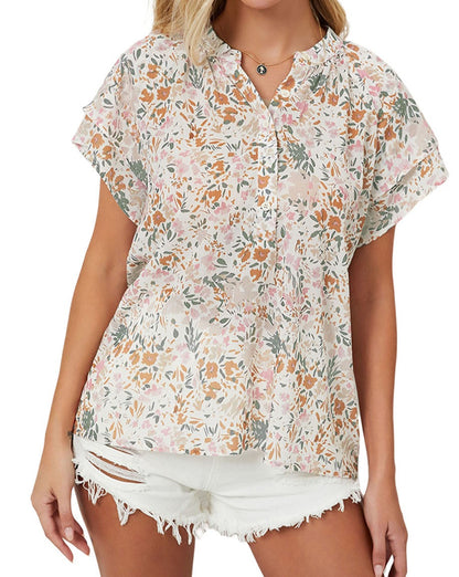 Floral Mandarin Collar Buttoned Top