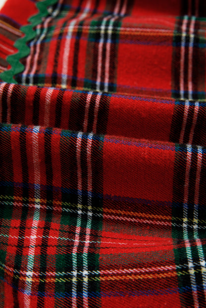 Plaid Ricrac Trim Long Sleeve Tiered Mini Dress