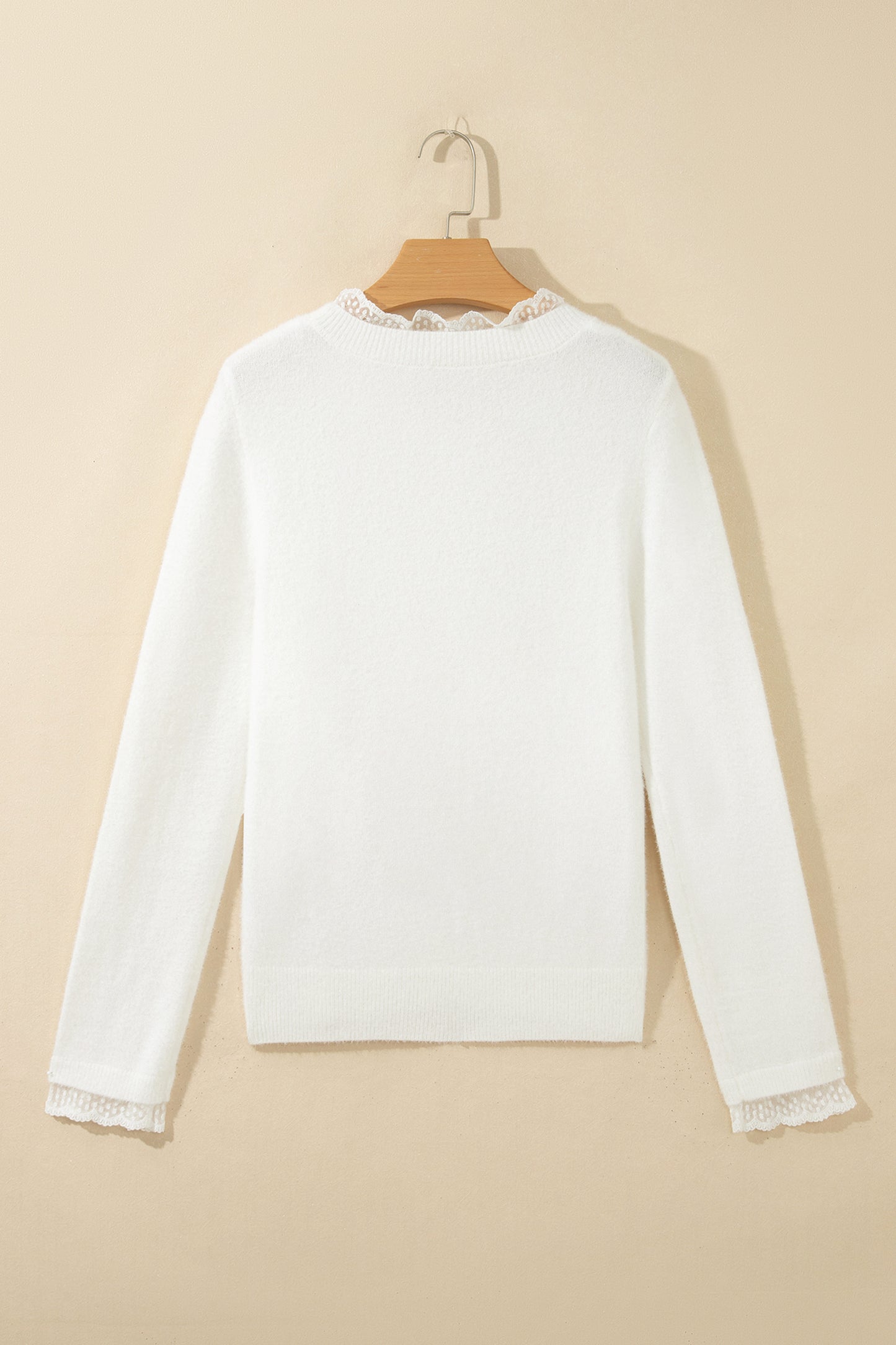 Solid Lace Trim Crewneck Long Sleeve Sweater