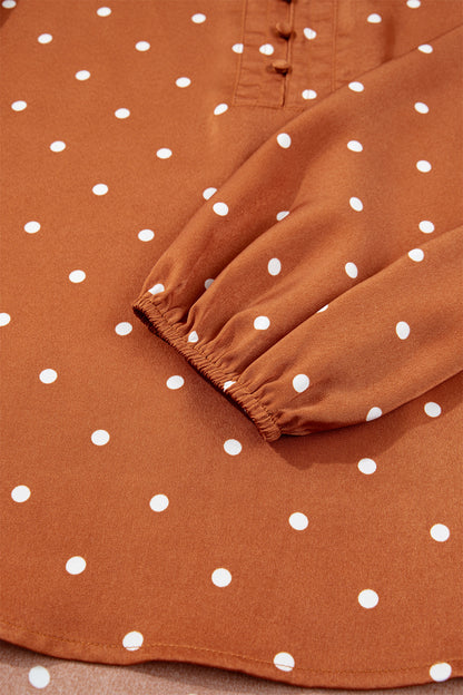 Polka Dot Half Button V-Neck Long Sleeve Blouse
