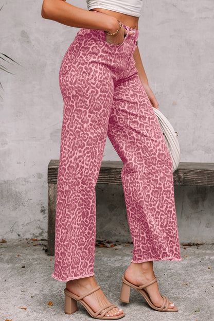 Leopard Frayed Edge High Waist Wide Leg Jeans
