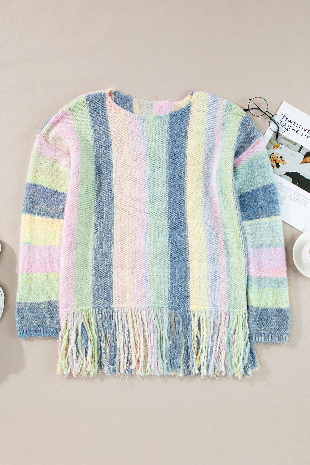 Colorblock Stripe Fringe Tunic Sweater