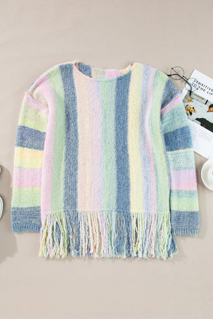 Colorblock Stripe Fringe Tunic Sweater