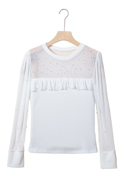 White Pearl Decor Mesh Patchwork Ribbed Long Sleeve Top