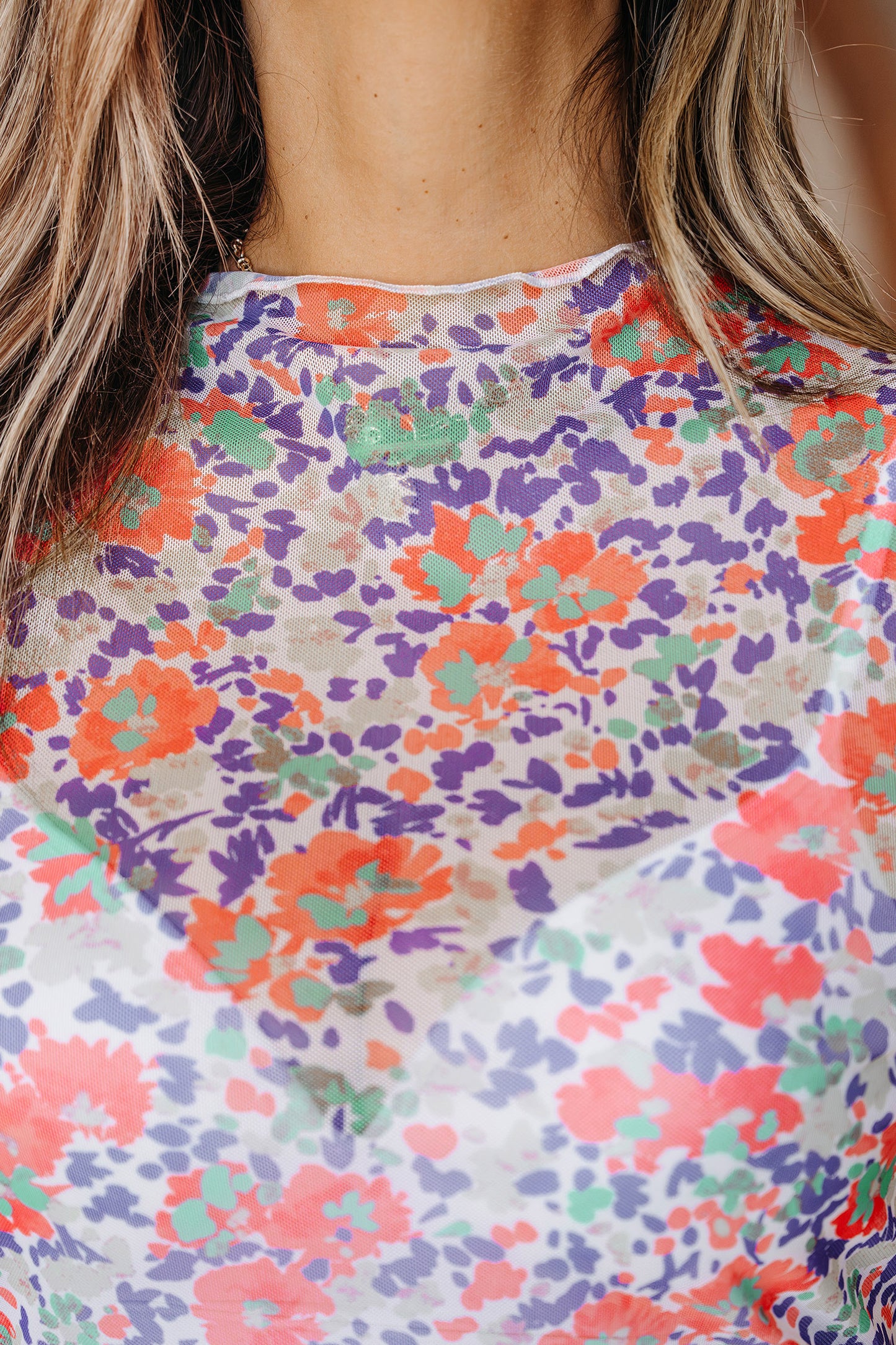 Floral Mesh Long Sleeve Mock Neck Top