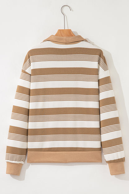 Stripe Half-Zip Collared Patchwork Long Sleeve Sweatshirt