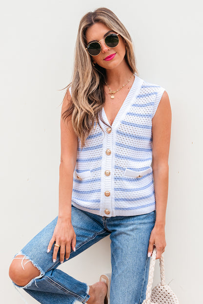 Stripe Buttoned V-Neck Sweater Knit Top