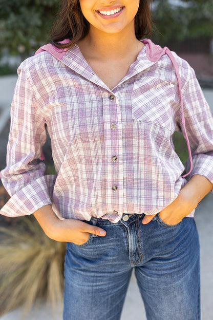 Checker Button-Up Chest Pocket Hooded Shacket