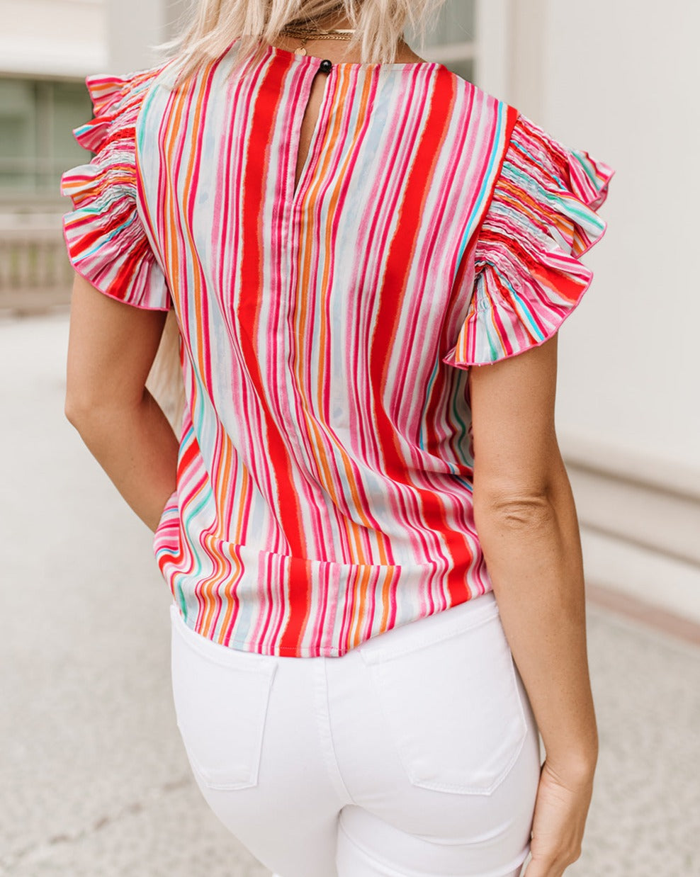 Abstract Ruffle Short Sleeve Blouse