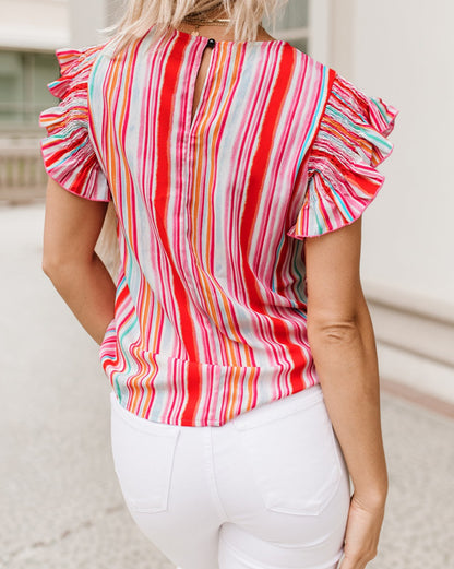 Abstract Ruffle Short Sleeve Blouse