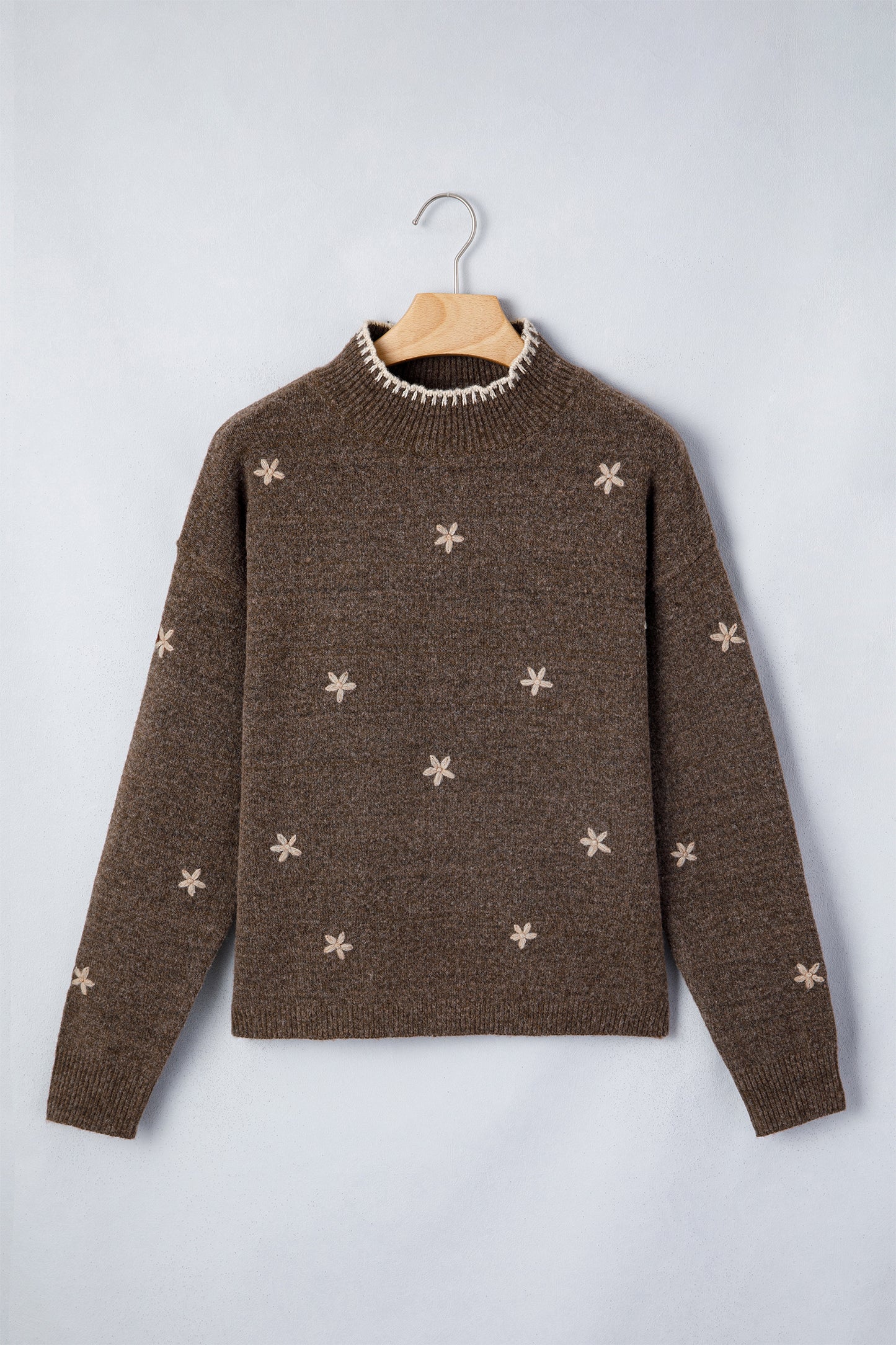 Floral Embroidered Mock Neck Long Sleeve Sweater