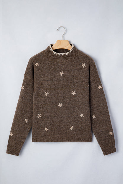 Floral Embroidered Mock Neck Long Sleeve Sweater