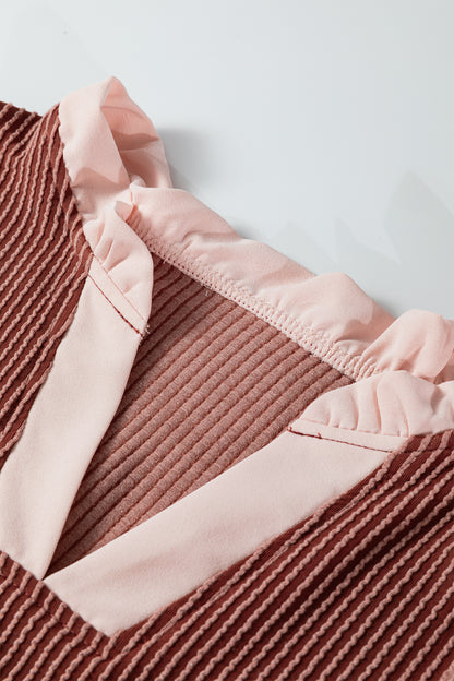 Plus Size Colorblock Corded Knit Ruffle Sleeve Blouse