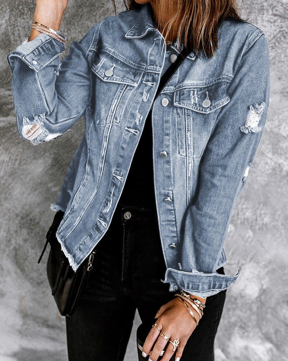 Denim Distressed Raw Hem Jacket