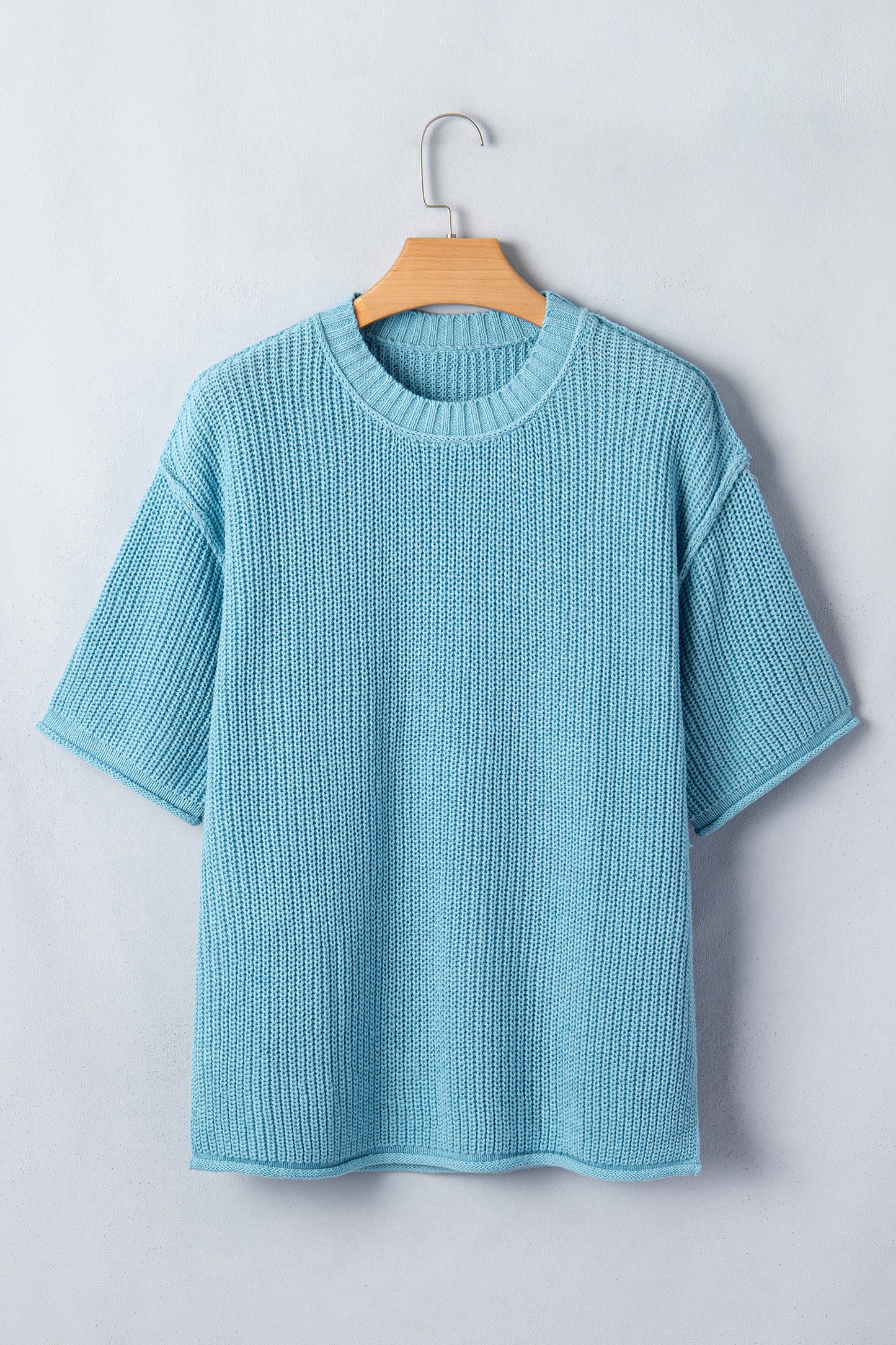 Solid Exposed Seam 3/4 Sleeve Loose Sweater