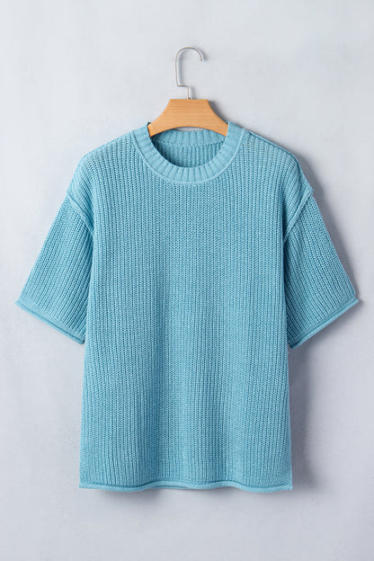 Solid Exposed Seam 3/4 Sleeve Loose Sweater
