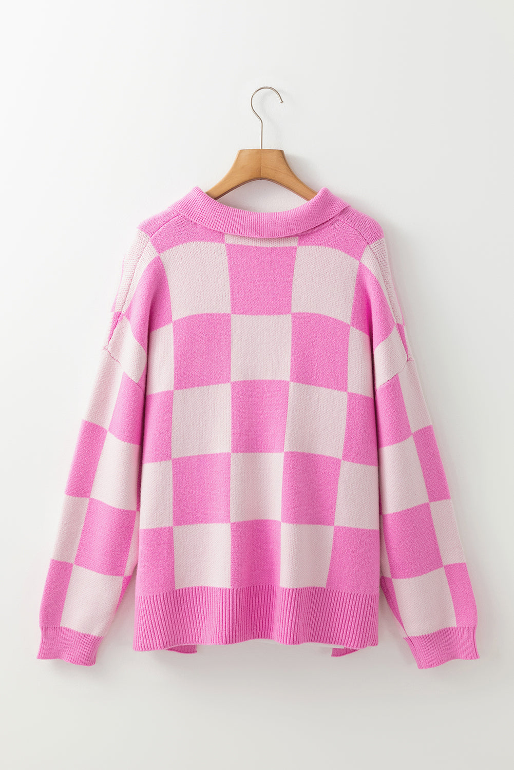 Checker Half Buttoned Collar Drop Shoulder Sweater
