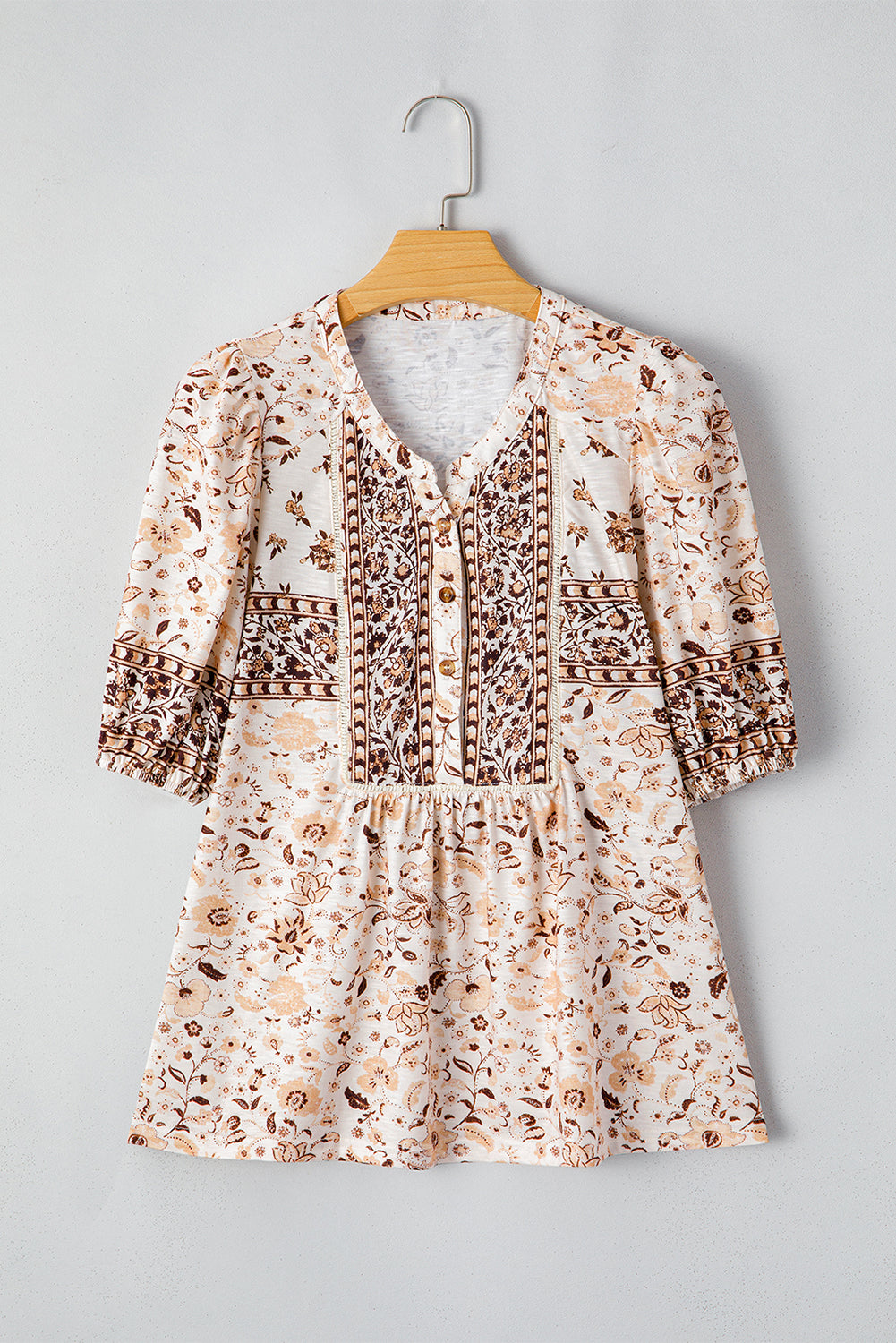 Boho Floral Half Placket Short Sleeve Blouse