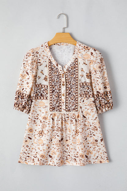 Boho Floral Half Placket Short Sleeve Blouse