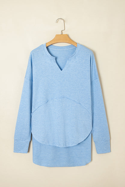 Solid V-Neck Raw Hem Long Sleeve Top