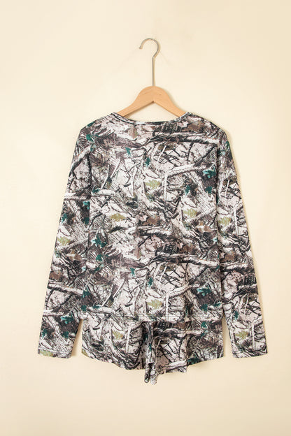 Camo Long Sleeve Top & Elastic Waist Shorts Set