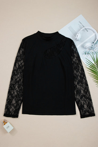 Plus Size Lace Patchwork Cutout Long Sleeve Top