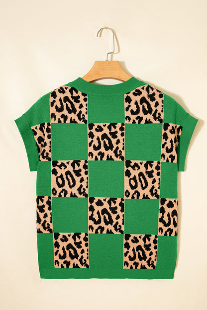 Leopard Checker Short Sleeve Knit Sweater